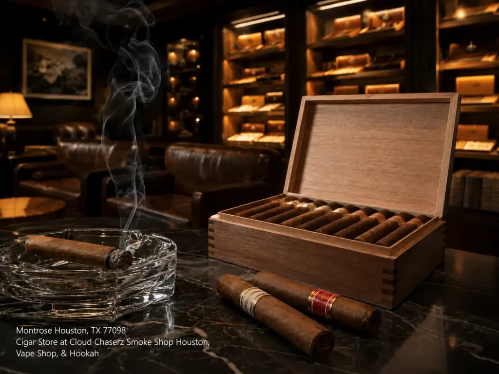 Premium wooden humidor box and smoking cigar in a lounge at a top-rated cigar store Houston destination.