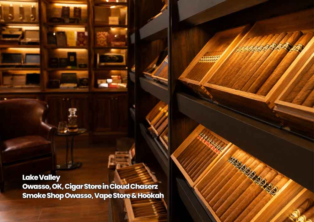 Customer selecting a hand-rolled cigar at Cloud Chaserz Smoke Shop, the premier cigar store in Lake Valley Owasso, OK.