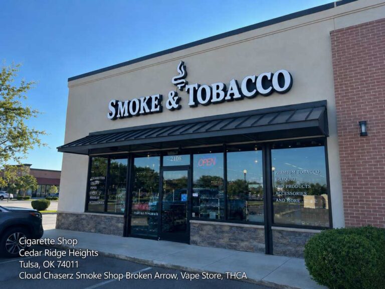 Interior shelves and counters at Cloud Chaserz, a premium cigarette shop Broken Arrow residents visit for vapes.