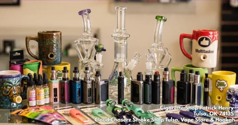Display of glass pipes, vape mods, and novelty mugs at Cloud Chaserz, a premier cigarette shop tulsa location for smokers.