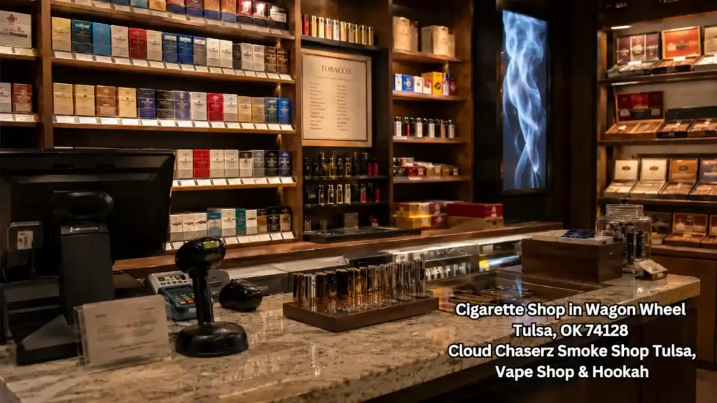 Counter checkout inside a premium cigarette shop Tulsa with upscale tobacco wall displays and accessories.