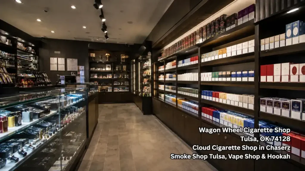 Wide interior display cases and shelving units filled with smoking accessories at a cigarette shop Tulsa.