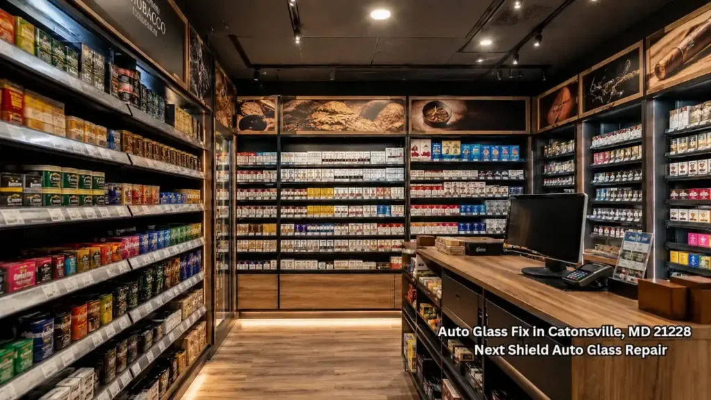 Wall shelves fully stocked with premium tobacco tins and products at a modern cigarette shop Tulsa location.