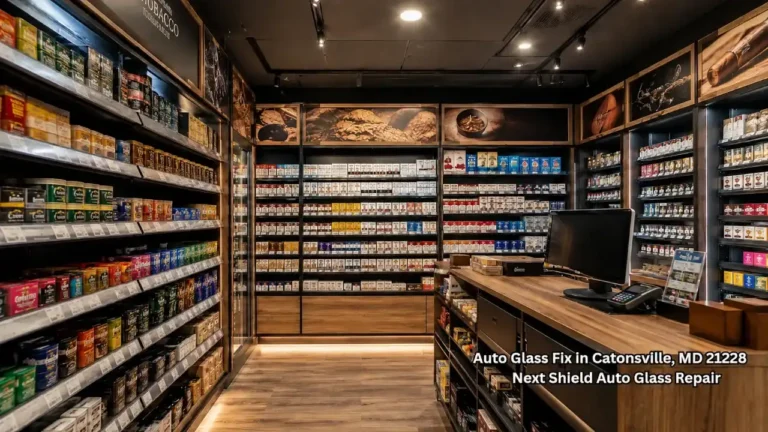Wall shelves fully stocked with premium tobacco tins and products at a modern cigarette shop Tulsa location.