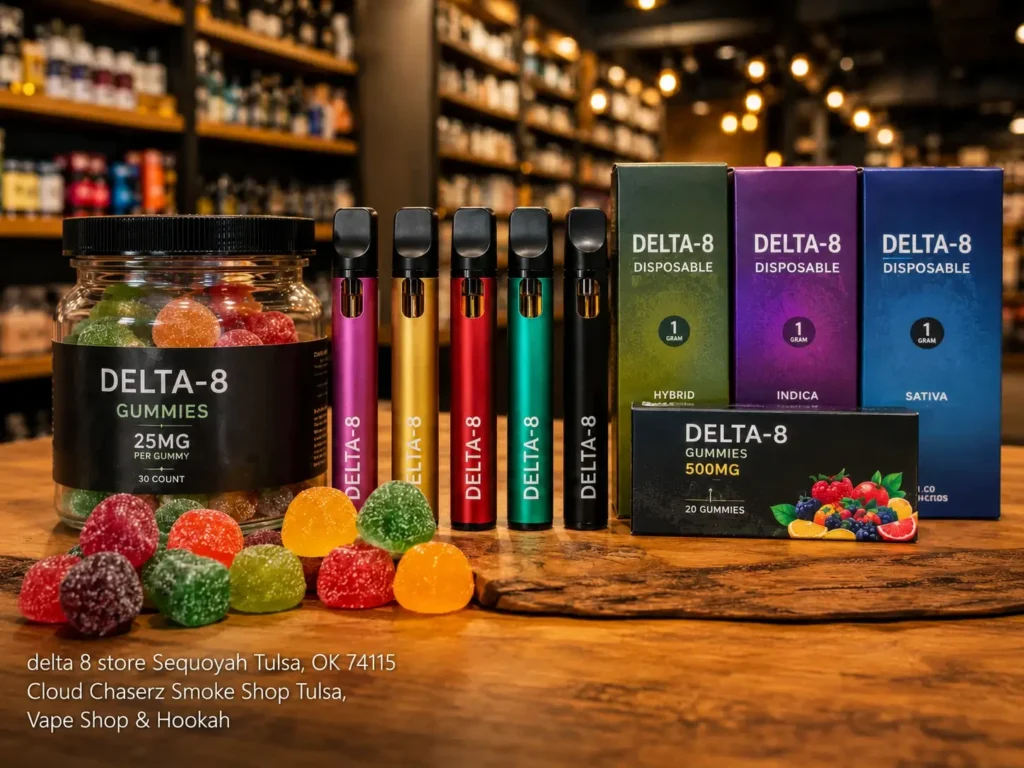 Premium Delta-8 THC gummies and colorful disposable vape pens on display at a local delta 8 store tulsa counter.
