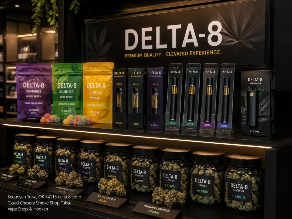 Shelves stocked with Delta-8 flower jars, vape cartridges, and gummies at a well-known delta 8 store tulsa shop.
