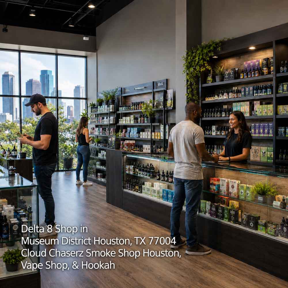 Premium gummies, flower, and vapes on a display counter at a delta-8 shop Houston location in the Museum District.