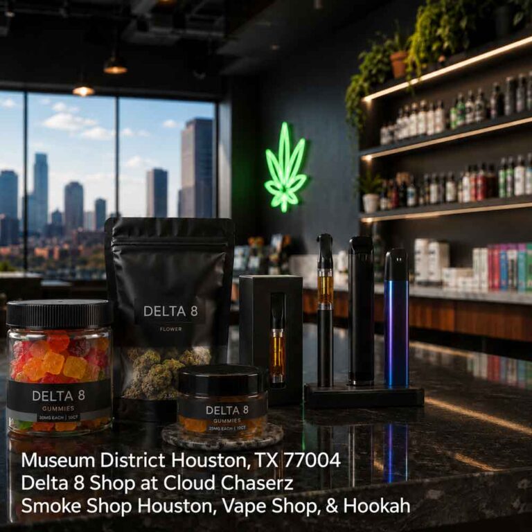 Delta-8 shop Houston counter displaying delta-8 gummies, vape cartridges, disposable pens, and a glass water pipe.