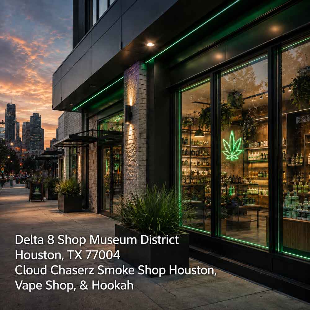 Assorted products including mixed flavor gummies, flower bags, and vape pens available at a delta-8 shop Houston.