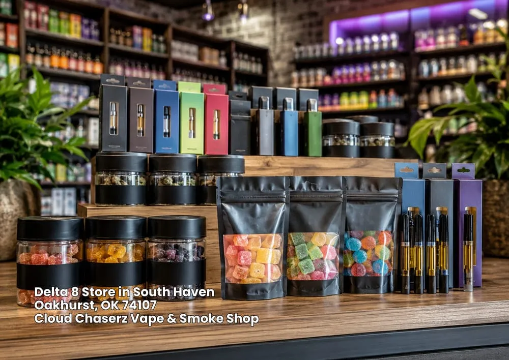 Premium gummies and vape cartridges displayed on the counter at Cloud Chaserz, a top delta 8 store Sapulpa shoppers love.