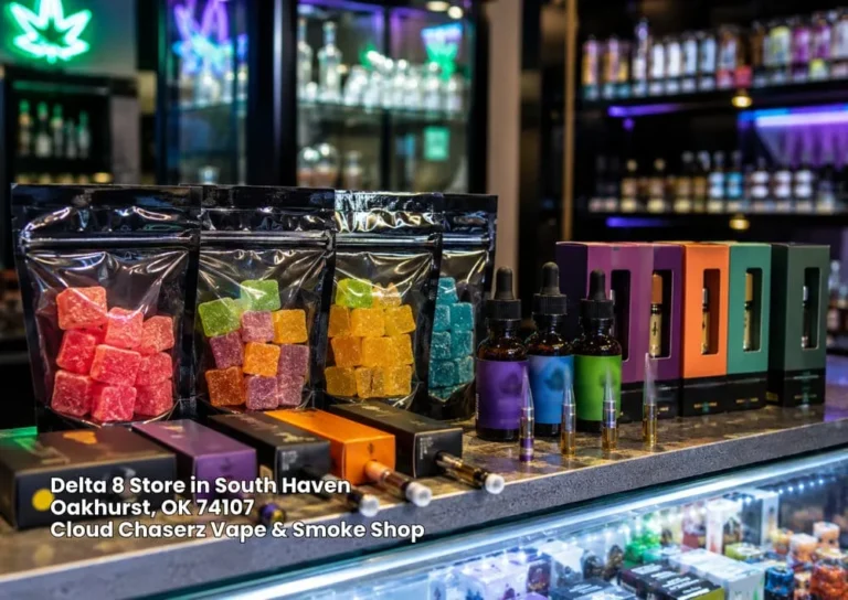 Fruit gummies and hemp tincture bottles neatly arranged on a glass counter at a premier delta 8 store Sapulpa locals trust.
