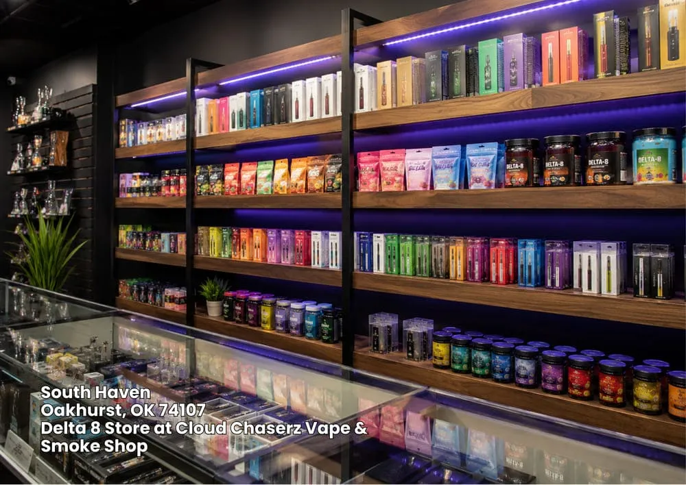 Fully stocked shelves displaying various hemp edibles and vapes at Cloud Chaserz, a premier delta 8 store Sapulpa location.