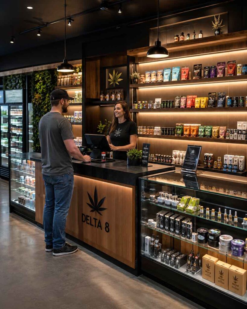 A friendly employee assists a customer inside a Delta 8 store Tulsa showing a variety of Delta 8 THC gummies.