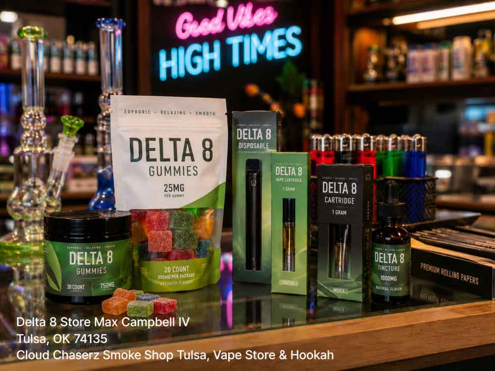 Delta 8 store Tulsa display featuring premium gummies, vape cartridges, disposable pens, and hemp tinctures on a counter.