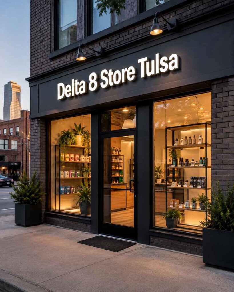 Exterior view of a modern Delta 8 store Tulsa storefront at dusk featuring large windows and an illuminated sign.