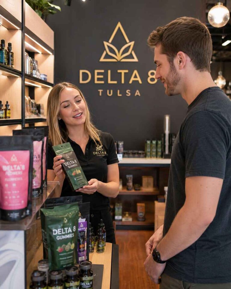 A friendly employee assists a customer inside a Delta 8 store Tulsa showing a variety of Delta 8 THC gummies.