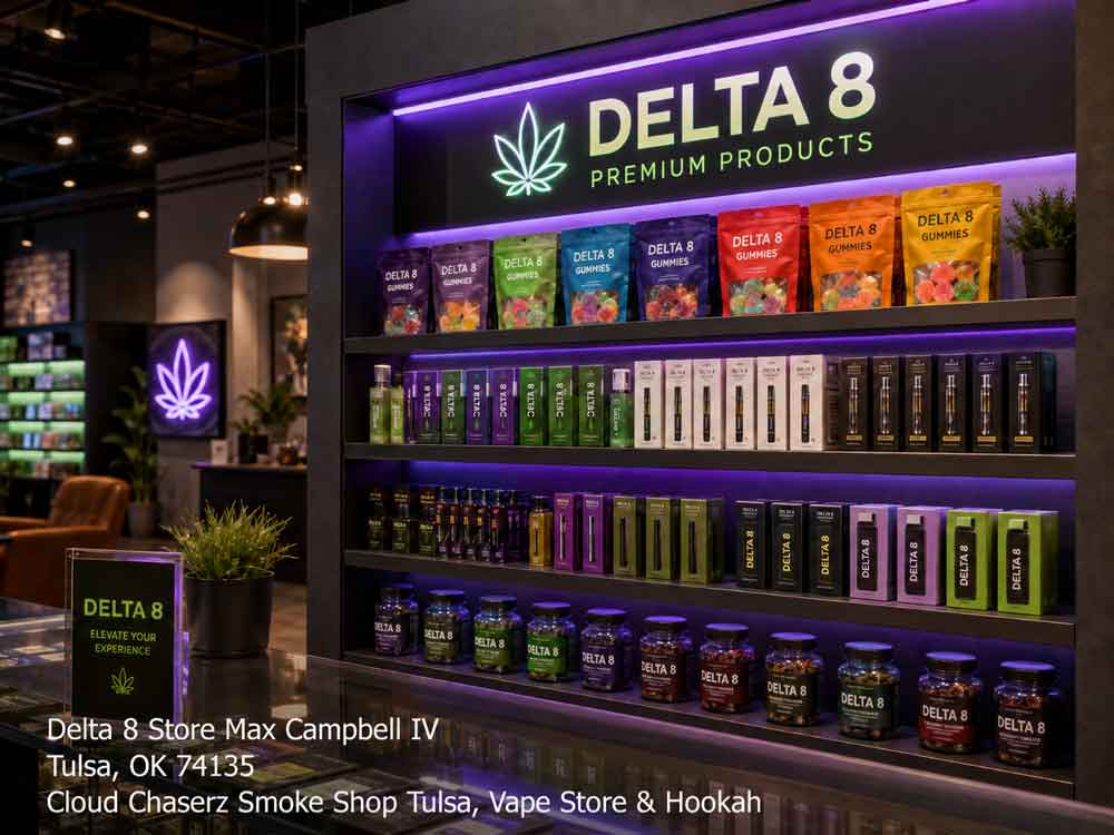 Well-stocked shelves at a Delta 8 store Tulsa showcasing a variety of colorful premium gummies and vape products.