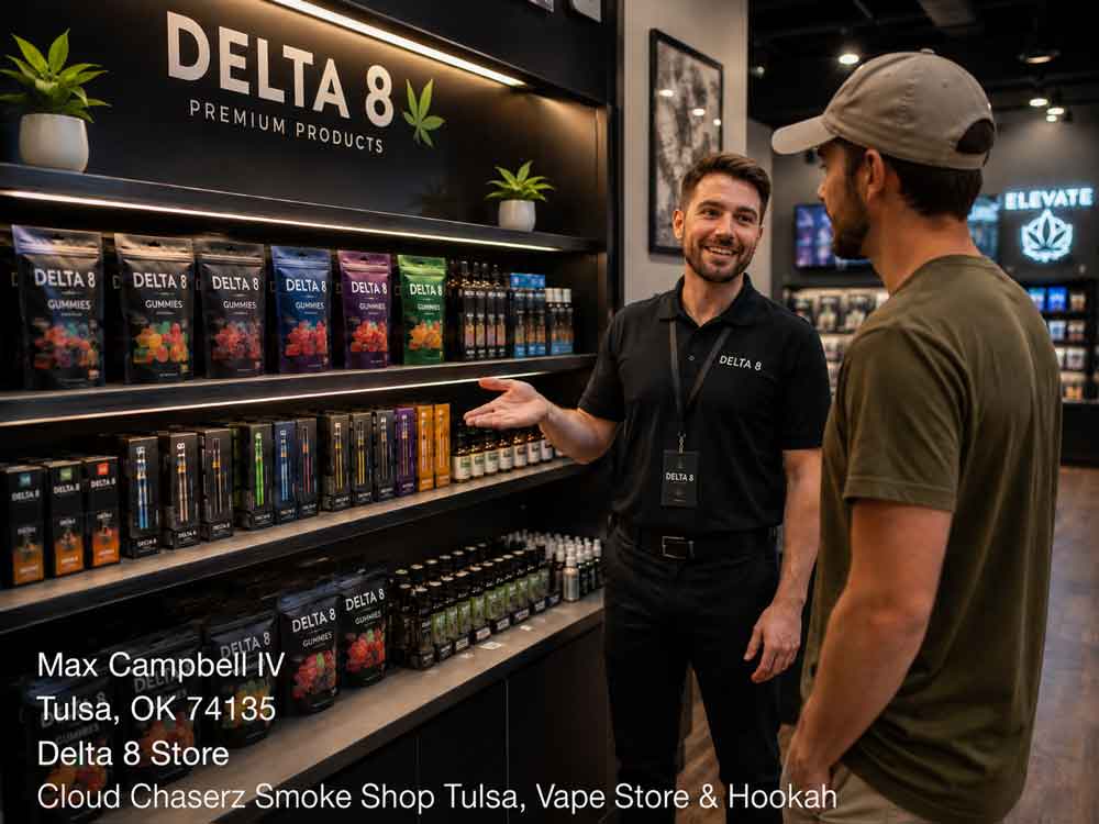 A friendly staff member helping a customer browse premium products inside a modern Delta 8 store Tulsa location.