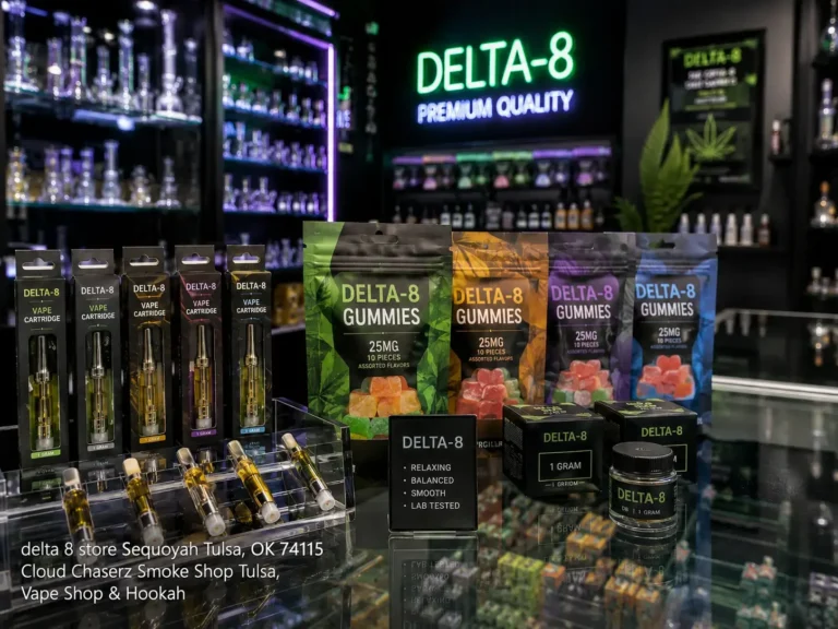 Delta-8 vape cartridges and gummy pouches displayed under a bright neon sign at a delta 8 store tulsa showroom.
