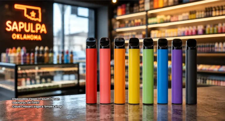 Colorful disposable vapes in Sapulpa displayed on a counter at Cloud Chaserz Vape & Smoke Shop in Oakhurst, OK.