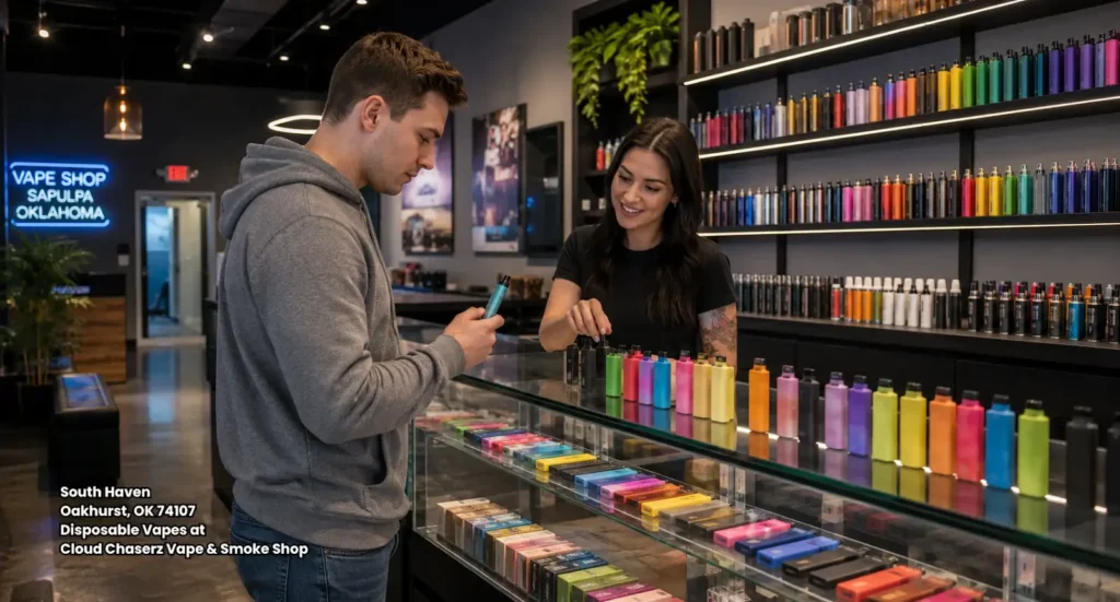 A customer shopping for disposable vapes in Sapulpa with a helpful employee inside Cloud Chaserz Vape Shop. 
