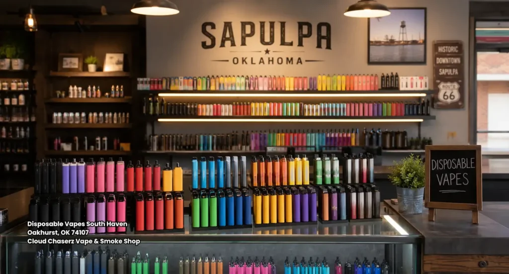 Large selection of disposable vapes in Sapulpa displayed on a glass counter at Cloud Chaserz Vape & Smoke Shop. 