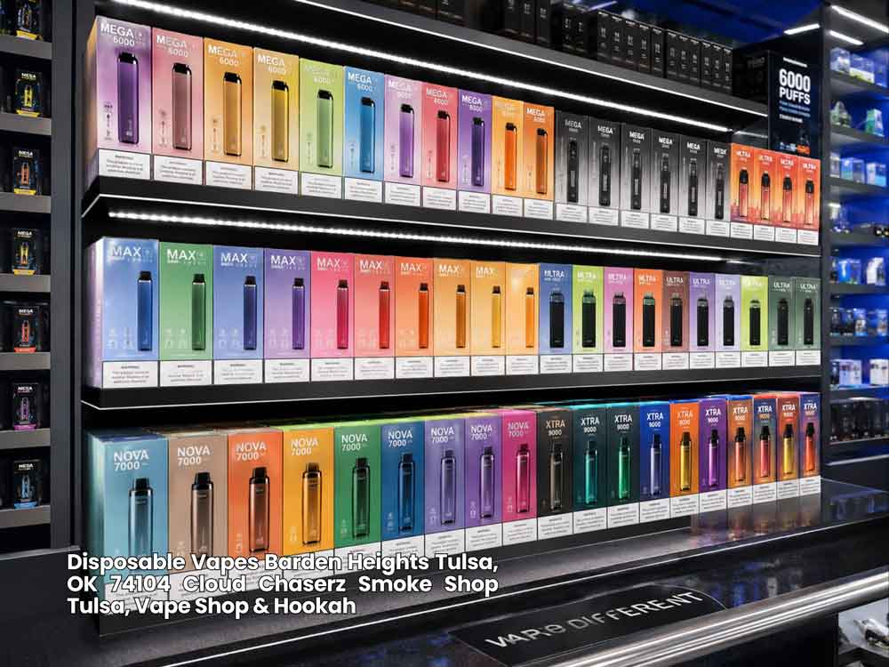 Shelves stocked with colorful Mega, Nova, and Xtra brand disposable vapes Tulsa residents can find at local vape shops.