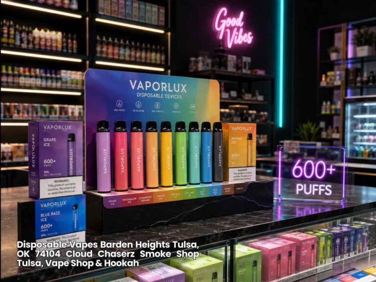 Colorful Vaporlux counter display showcasing premium disposable vapes Tulsa shoppers select for high puff counts.