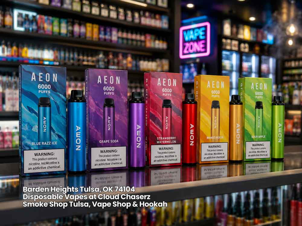 Lineup of flavor-packed Aeon 6000 puff devices representing top disposable vapes Tulsa enthusiasts buy in-store.