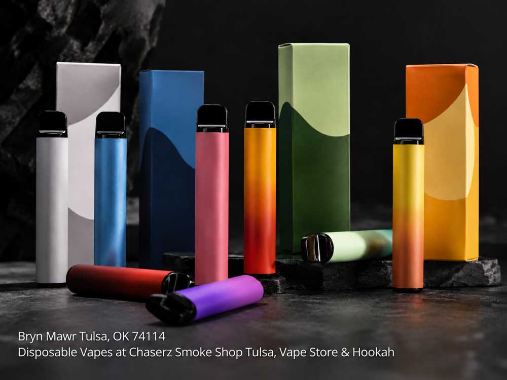 A variety of premium disposable vapes Tulsa arranged with colorful product packaging boxes on a dark background.