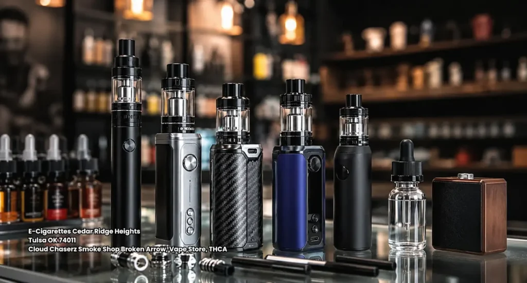 Row of e-cigarettes broken arrow mods standing next to amber glass e-liquid dropper bottles on a table.