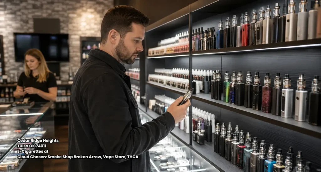 Customer inspecting e-cigarettes broken arrow selection displayed on dark wooden shelves inside a store. 