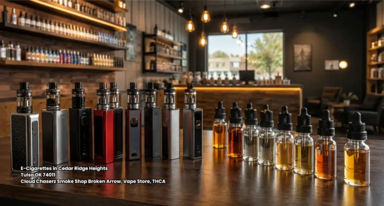 Premium e-cigarettes broken arrow line up on a modern vape shop glass counter next to e-liquid bottles.