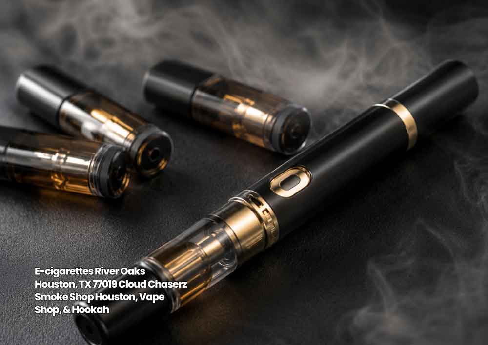 Sleek black e-cigarettes Houston residents can buy at Cloud Chaserz vape shop with refill pods and gold accents.