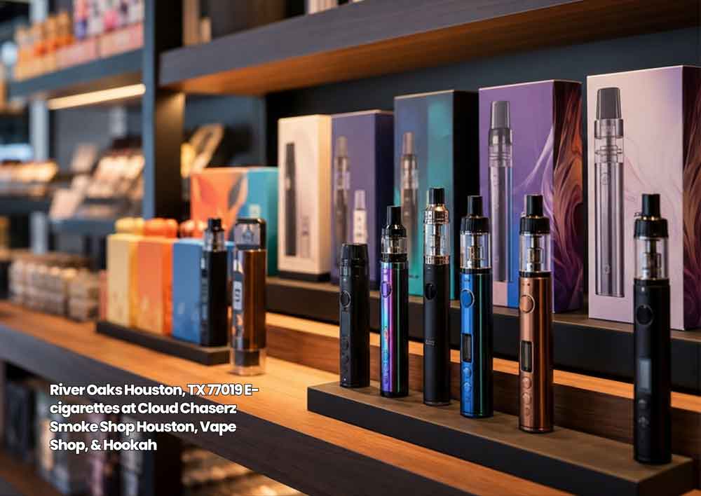 Premium e-cigarettes Houston store display featuring modern vape pens and starter kits at Cloud Chaserz shop.