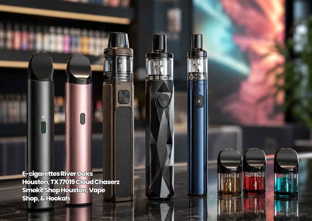 Collection of stylish e-cigarettes Houston vapers love, featuring vape pens and pod refills at Cloud Chaserz.