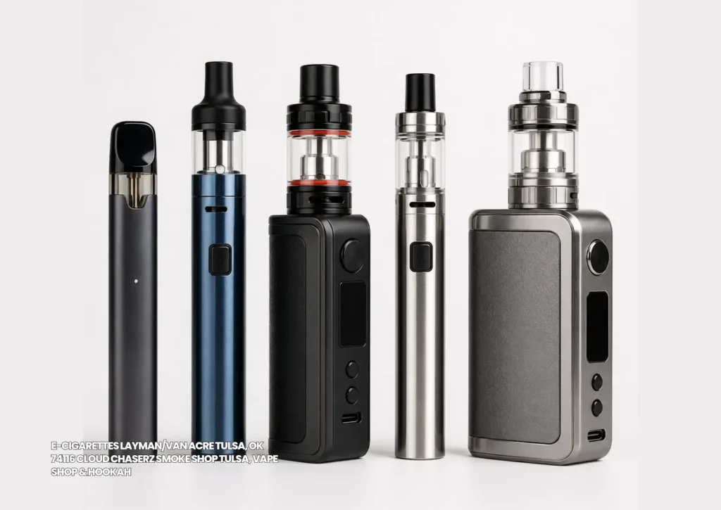 Variety of modern vape pens and e-cigarettes Tulsa products featured at Cloud Chaserz Smoke Shop and Hookah store.