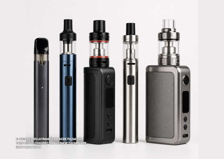Variety of modern vape pens and e-cigarettes Tulsa products featured at Cloud Chaserz Smoke Shop and Hookah store.