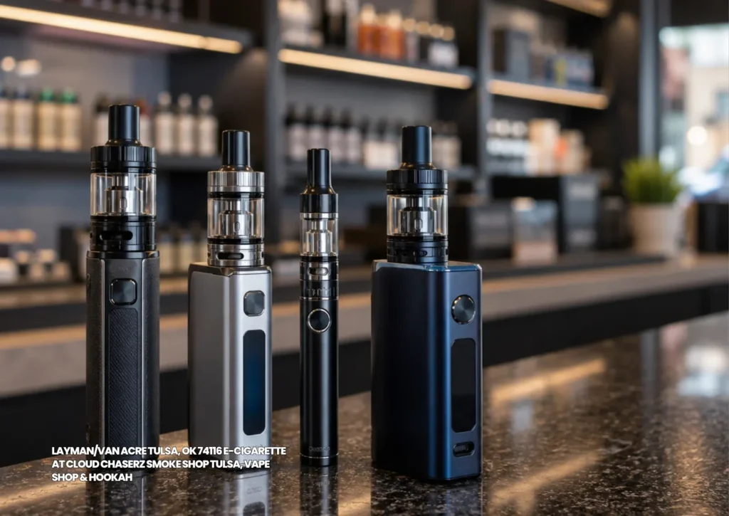 Premium vape mods and e-cigarettes Tulsa options lined up on display at Cloud Chaserz Smoke Shop in Layman Van Acre. 