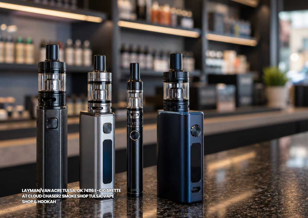 Premium vape mods and e-cigarettes Tulsa options lined up on display at Cloud Chaserz Smoke Shop in Layman Van Acre.