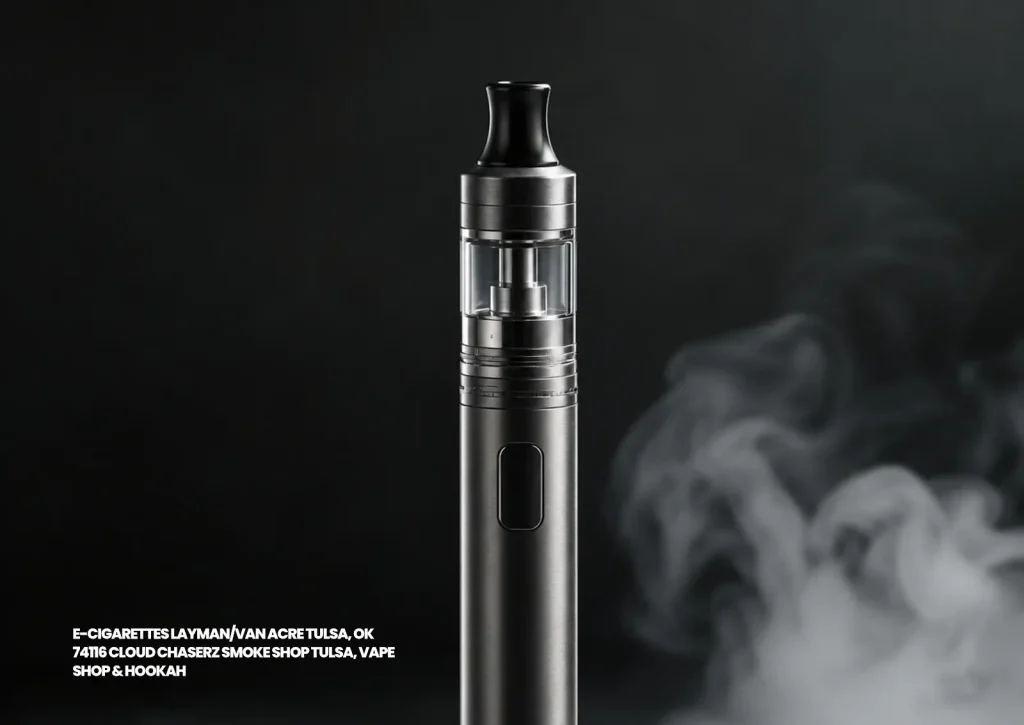 Sleek metallic vape pen emitting smoke, available as premium e-cigarettes Tulsa at Cloud Chaserz Vape Shop 74116. 