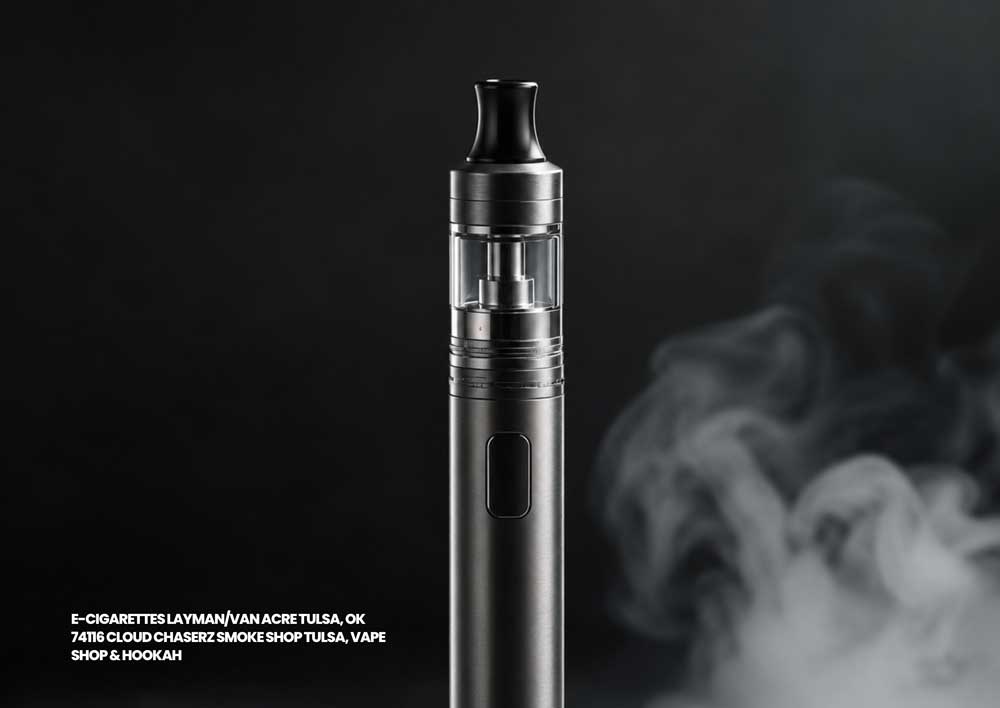 Sleek metallic vape pen emitting smoke, available as premium e-cigarettes Tulsa at Cloud Chaserz Vape Shop 74116.