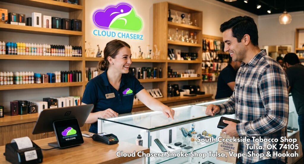 Friendly cashier assisting a happy customer at Cloud Chaserz World, the top-rated tobacco shop tulsa for vape gear