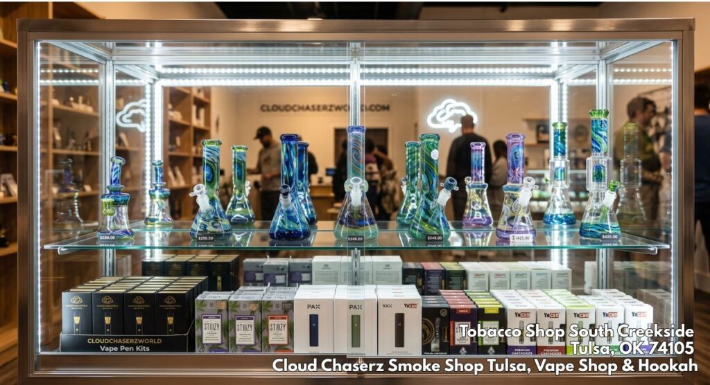 Glass display case showcasing colorful water pipes and vape pens inside Cloud Chaserz World, a premier tobacco shop tulsa.