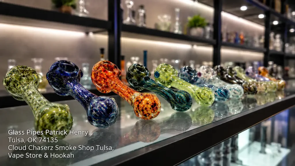 A row of various colorful and patterned glass pipes tulsa lined up on a glass display shelf inside the smoke shop.