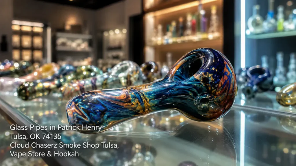 Premium swirling blue and gold glass pipes tulsa selection on display at Cloud Chaserz Smoke Shop in Patrick Henry. 