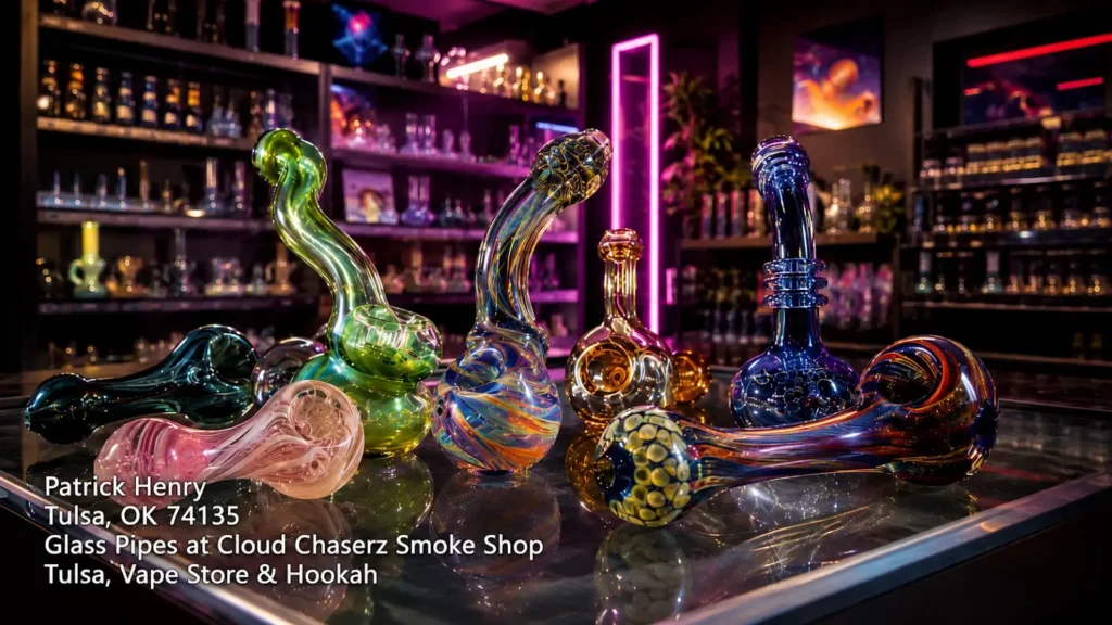 Vibrant collection of unique, colorful glass pipes tulsa at Cloud Chaserz Smoke Shop under neon counter lighting