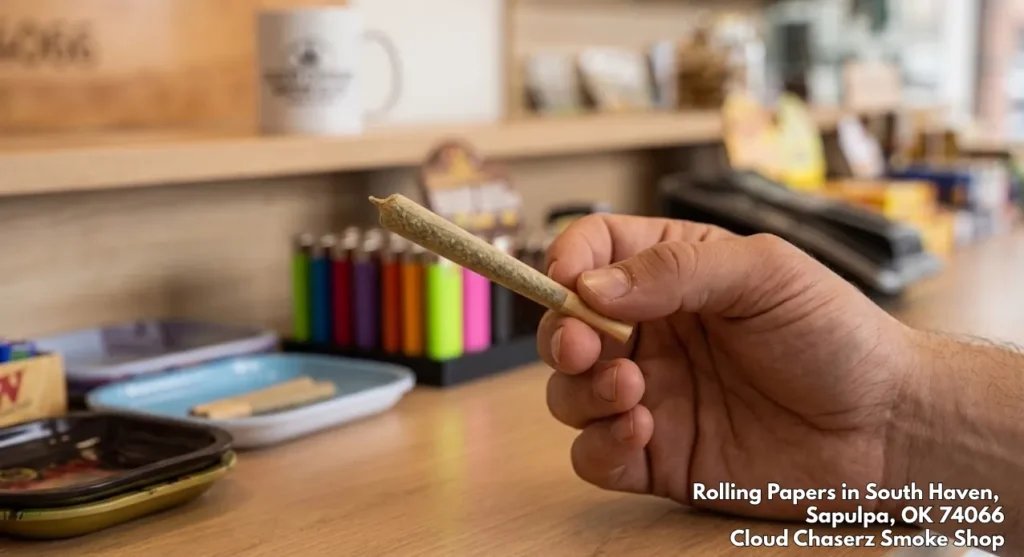 A hand holding a perfectly crafted pre-rolled joint, showcasing the high-quality rolling papers Sapulpa smokers prefer