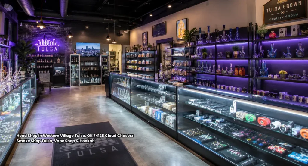 Interior view of Cloud Chaserz head shop Tulsa featuring illuminated shelf displays, glass cases, and purple neon lighting. 
