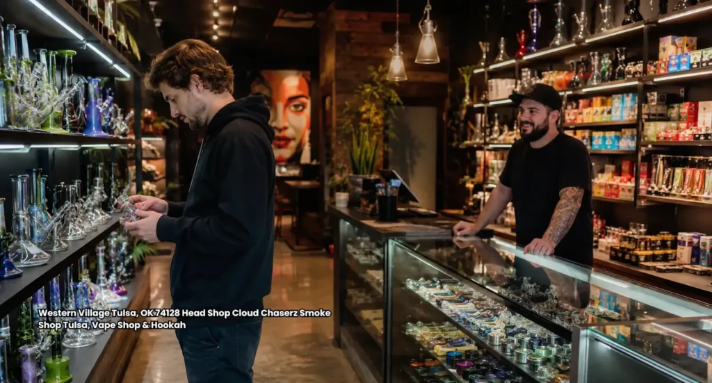 A customer browsing glassware shelves while talking to a friendly employee behind the counter at head shop Tulsa.